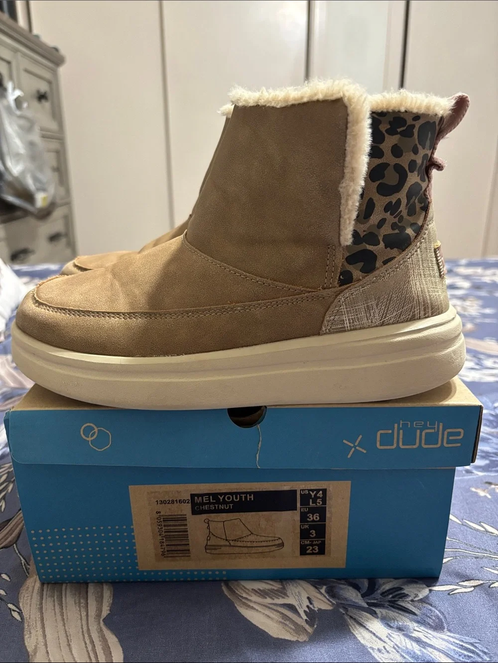 Hey Dude Mel Youth Chestnut Boots with Pink Accents and Leopard Print